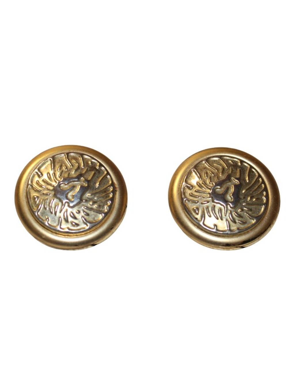 Vtg Gold-Tone Clip-On Earrings Embossed Lion Design 80's Inspired Medallion Moti